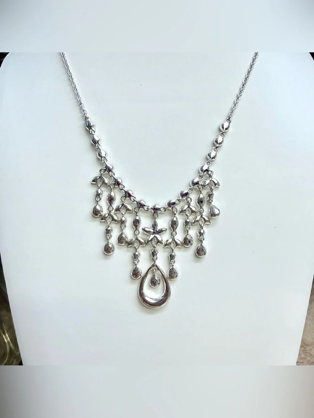 Beautiful Formal Silver Toned Rhinestone Statement Necklace